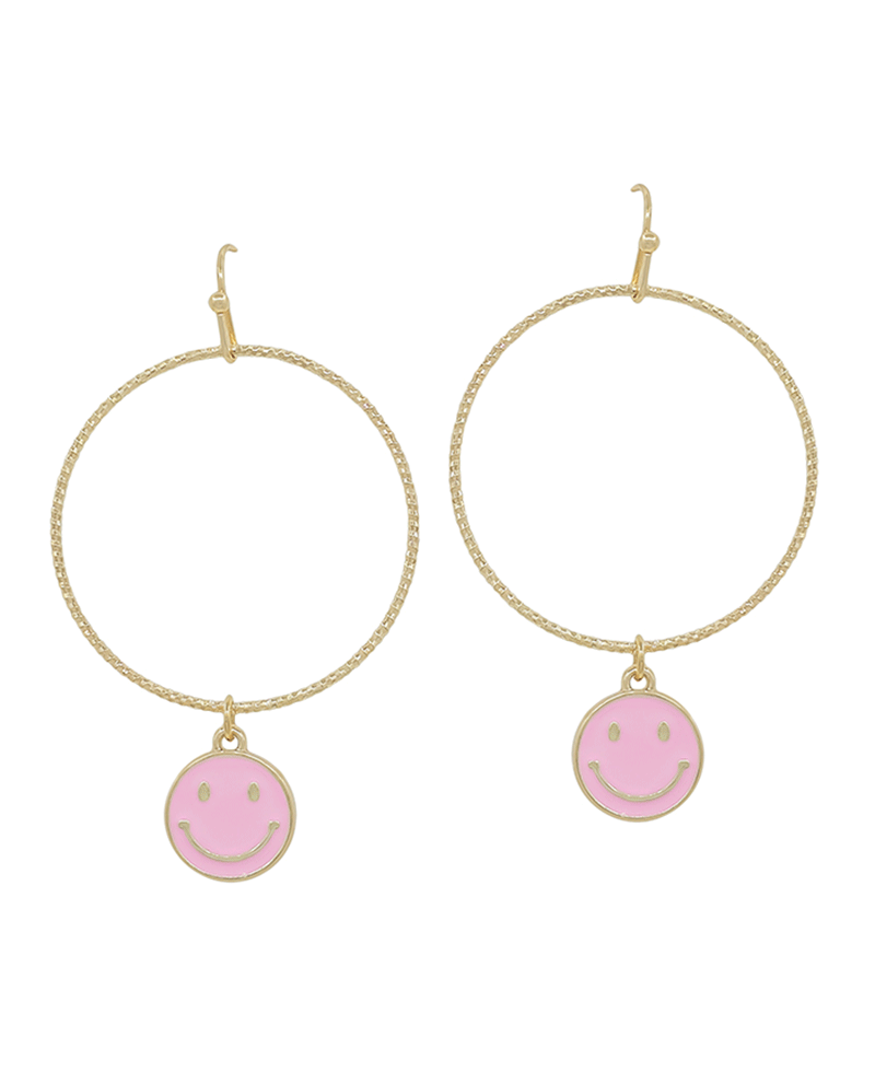 Texture Wire Circle w/ Smile Epoxy Drop Earring - 2"