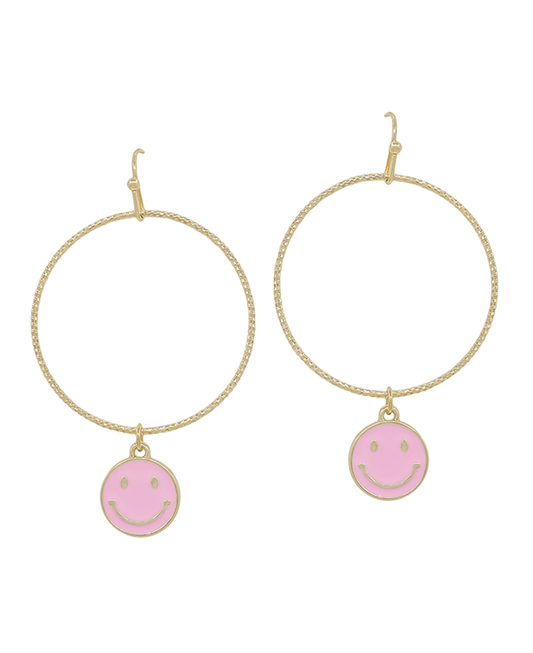 Texture Wire Circle w/ Smile Epoxy Drop Earring - 2"