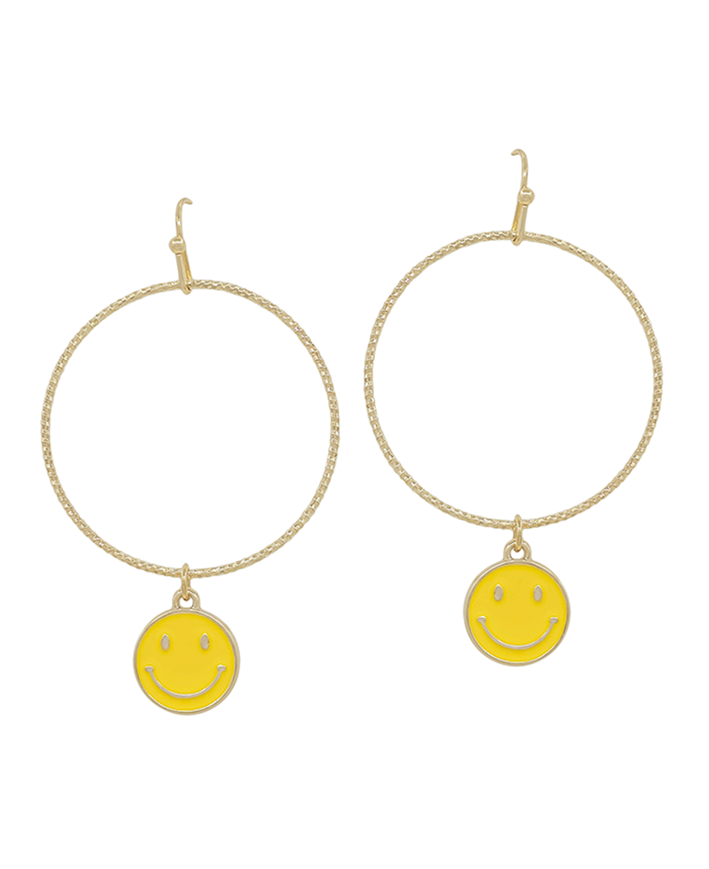 Texture Wire Circle w/ Smile Epoxy Drop Earring - 2"