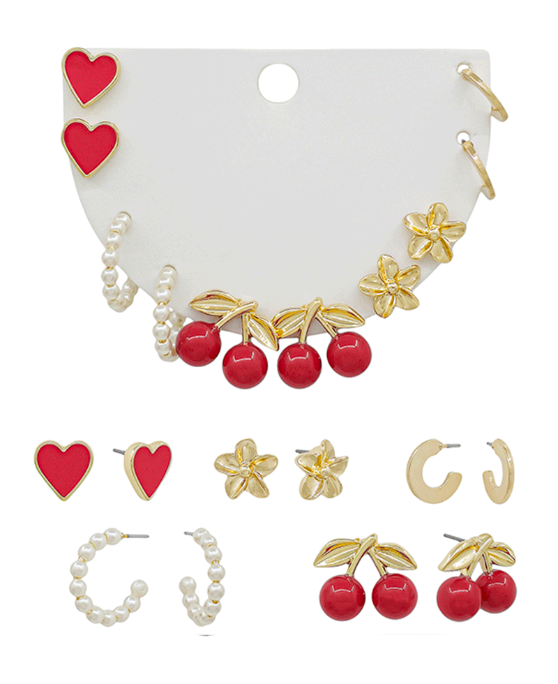 Cherry & Flower & Pearl Hoop 5 Set Earring