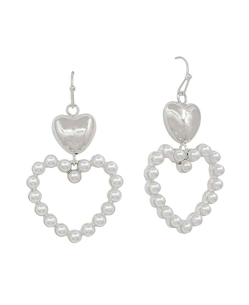 Metal & Pearl Double Heart Earring - 1.2"
