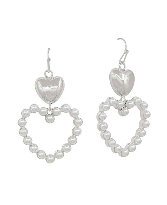 Metal & Pearl Double Heart Earring - 1.2"