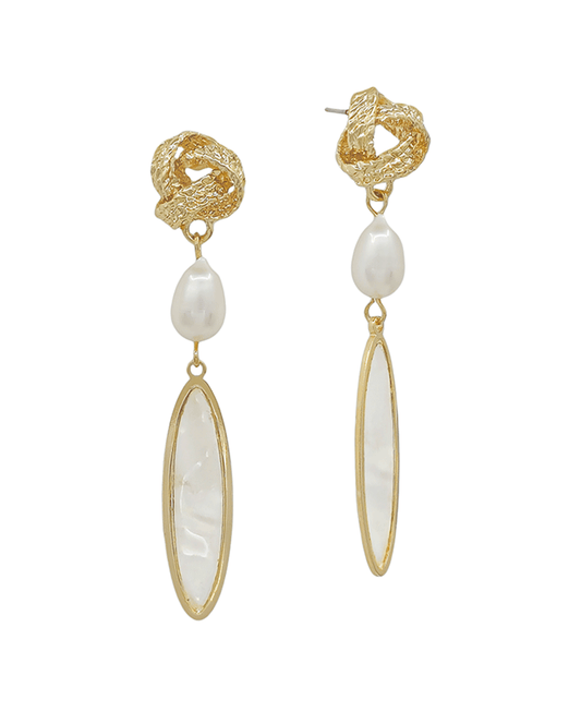 Knot & Pearl & Mop Drop Post Earring - 2"