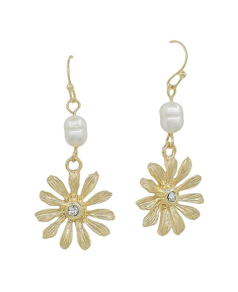 Fresh Water Pearl w/ Flower Metal Drop Earring
