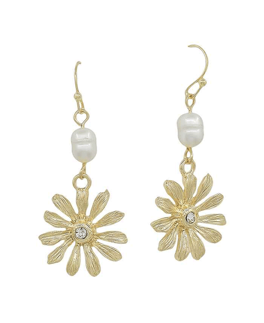 Fresh Water Pearl w/ Flower Metal Drop Earring
