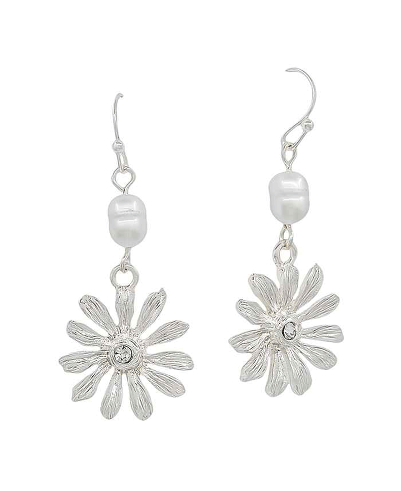 Fresh Water Pearl w/ Flower Metal Drop Earring