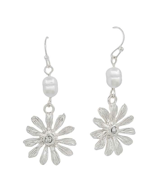 Fresh Water Pearl w/ Flower Metal Drop Earring