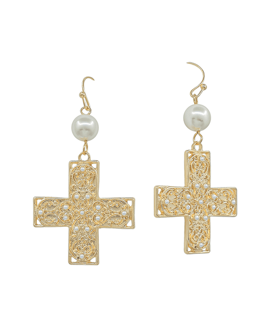 Pearl Accent Cross Metal Drop Earring - 1.5"