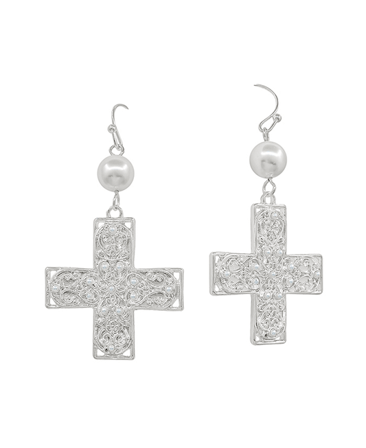 Pearl Accent Cross Metal Drop Earring - 1.5"