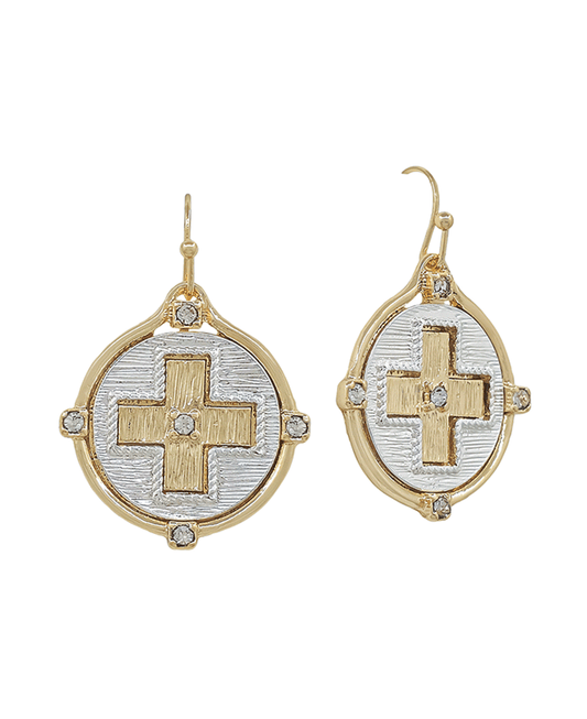 Cross Accent Coin Metal Earring - 1.0"