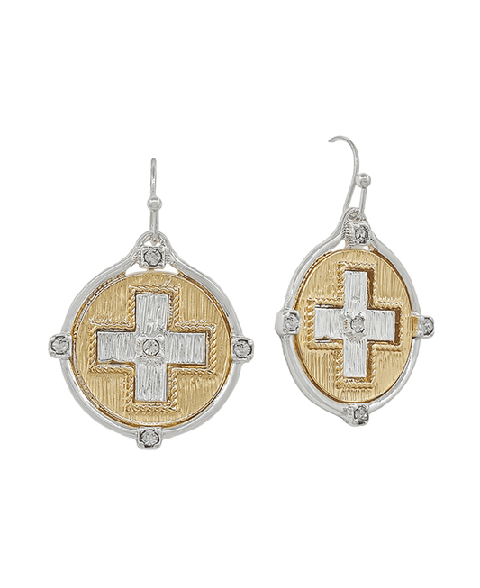 Cross Accent Coin Metal Earring - 1.0"