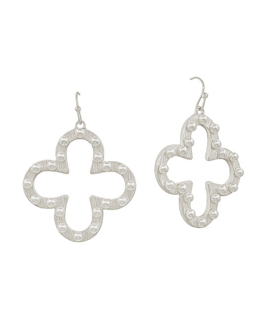 Metal w/ Pearl Clover Earring - 1.2"