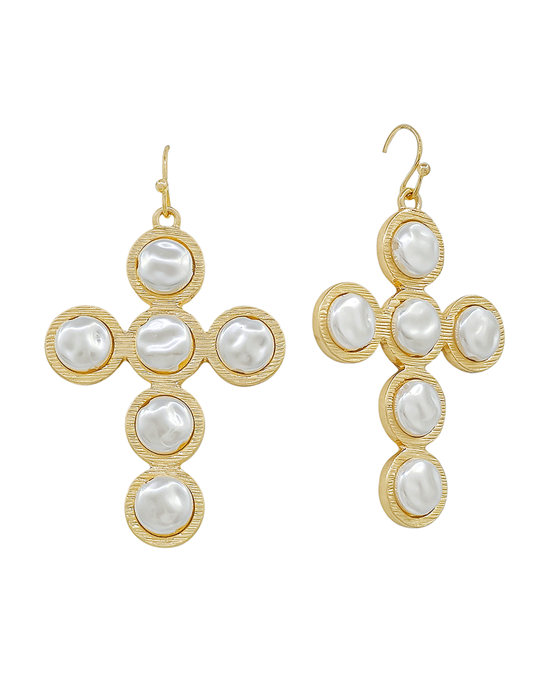 Pearl Cross Metal Earring - 1.8"