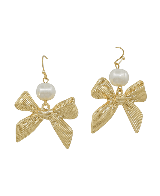 Pearl Accent Ribbon Metal Earring