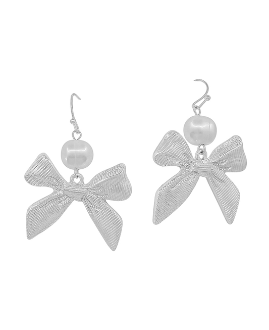 Pearl Accent Ribbon Metal Earring
