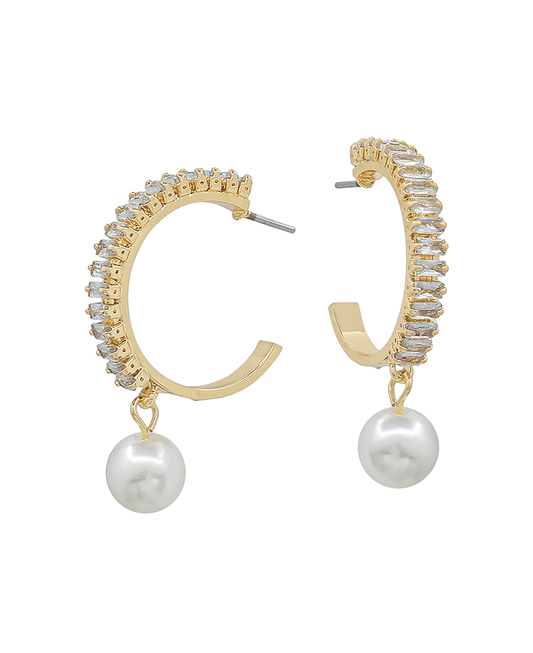 Crystal Accent w/ 6mm Pearl Drop Hoop Earring - 1.0"