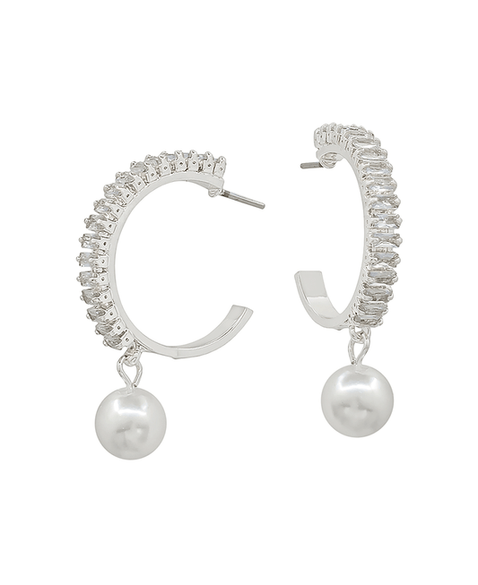 Crystal Accent w/ 6mm Pearl Drop Hoop Earring - 1.0"