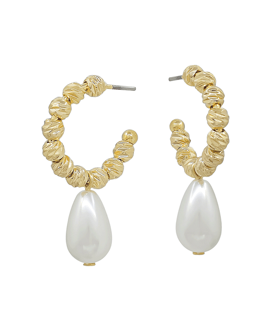 Textured Metal CCB w/ Pearl Hoop Earring - 1.0"