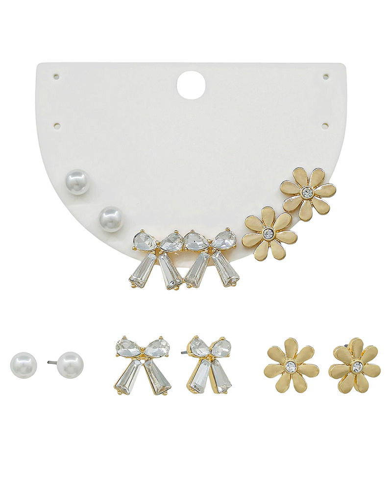 Flower & Ribbon & Pearl 3 Set Post Earring