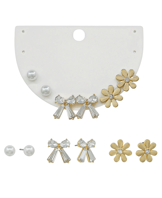 Flower & Ribbon & Pearl 3 Set Post Earring