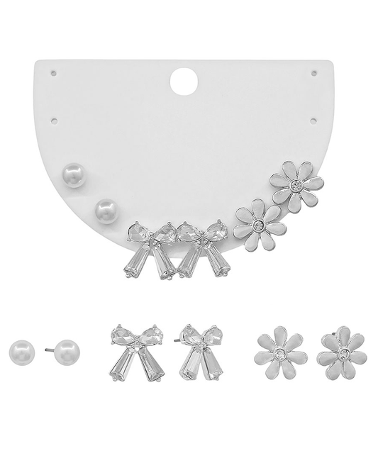 Flower & Ribbon & Pearl 3 Set Post Earring