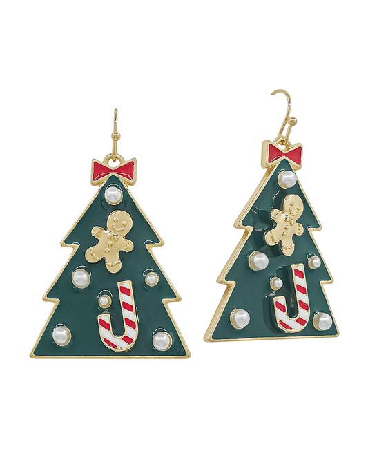Christmas Tree w/ Candy Cane & Ginger Bread Earring - 1.8"