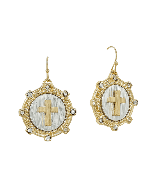 Metal Coin Cross w/ Crystal Earring - 1.0"