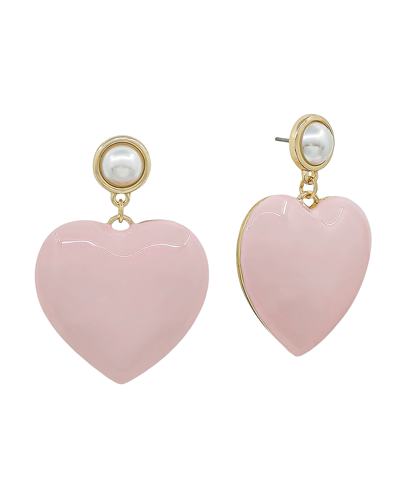 Small Pearl Post w/ Epoxy Heart Drop Earring - 1.5"