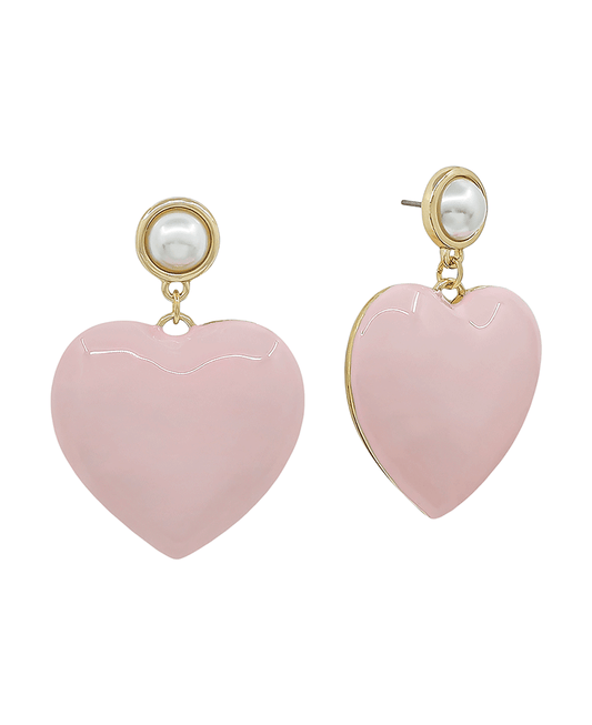 Small Pearl Post w/ Epoxy Heart Drop Earring - 1.5"
