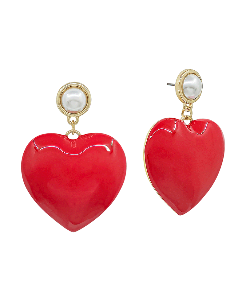Small Pearl Post w/ Epoxy Heart Drop Earring - 1.5"