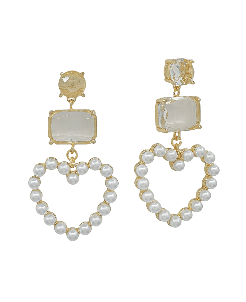 Double Crystal Heart Pearl Drop Post Earring - 2.0"