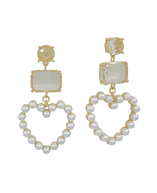 Double Crystal Heart Pearl Drop Post Earring - 2.0"