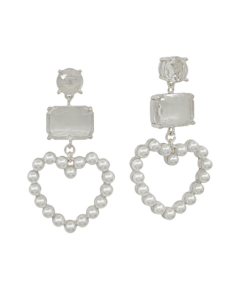 Double Crystal Heart Pearl Drop Post Earring - 2.0"