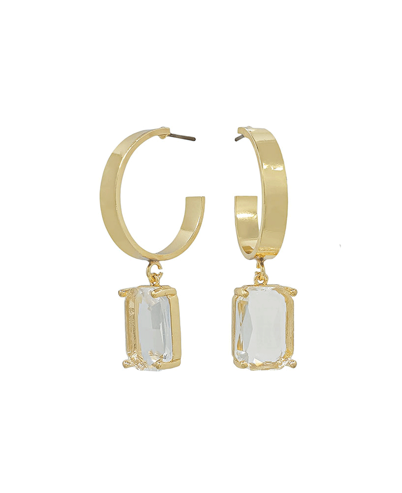 Flat Metal Hoop w/ Square Crystal Drop Earring - 1.5"