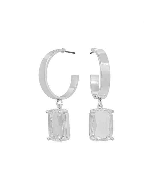 Flat Metal Hoop w/ Square Crystal Drop Earring - 1.5"