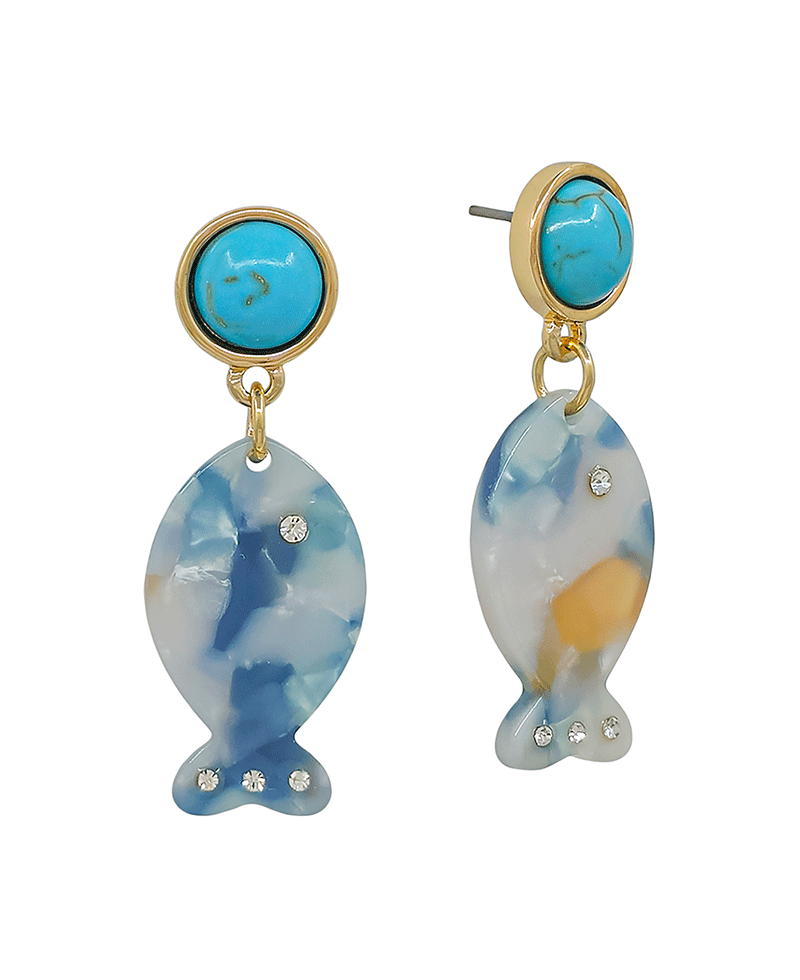 TQ Stone w/ Resin Fish Drop Post Earring - 1.2"