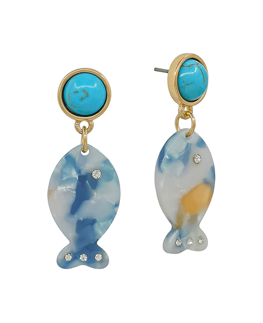 TQ Stone w/ Resin Fish Drop Post Earring - 1.2"