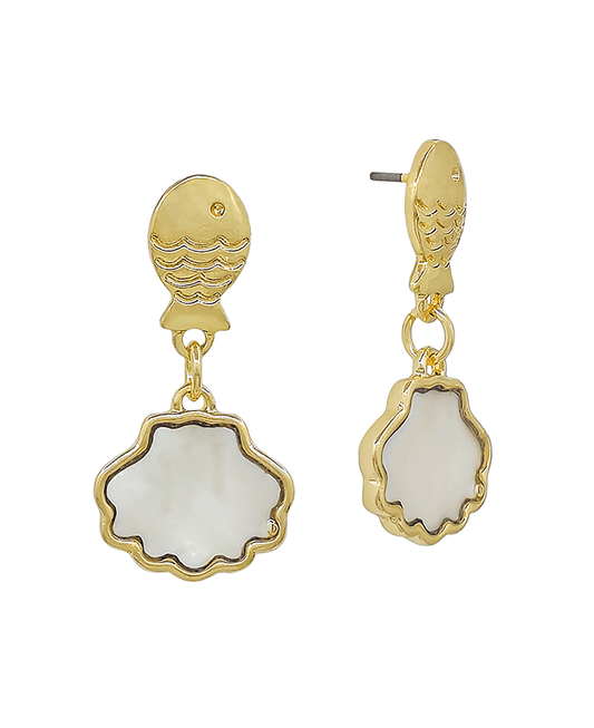 Metal Fish w/ Mop Shell Drop Post Earring - 1.2"