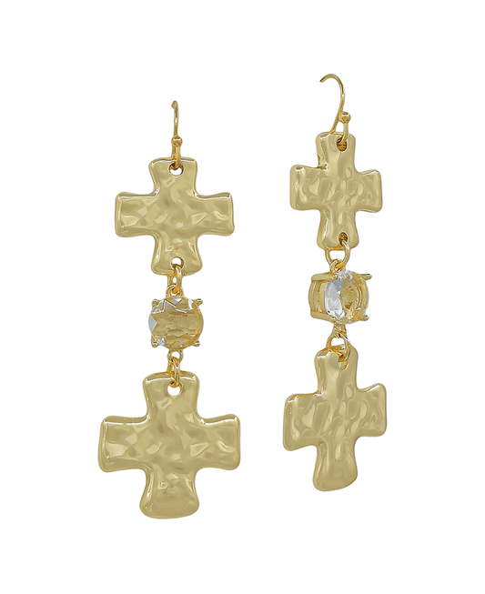 Cross Metal & Crystal Drop Earring - 2.0"