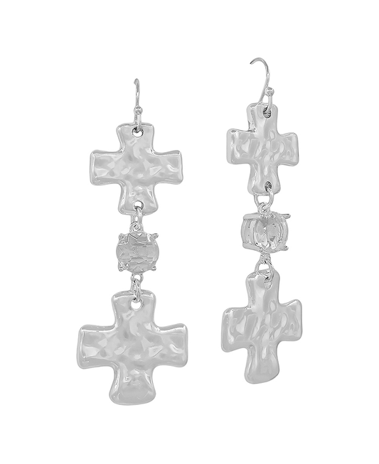 Cross Metal & Crystal Drop Earring - 2.0"