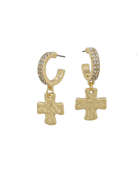Pave Hoop Cross Metal Drop Post Earring - 1.2"