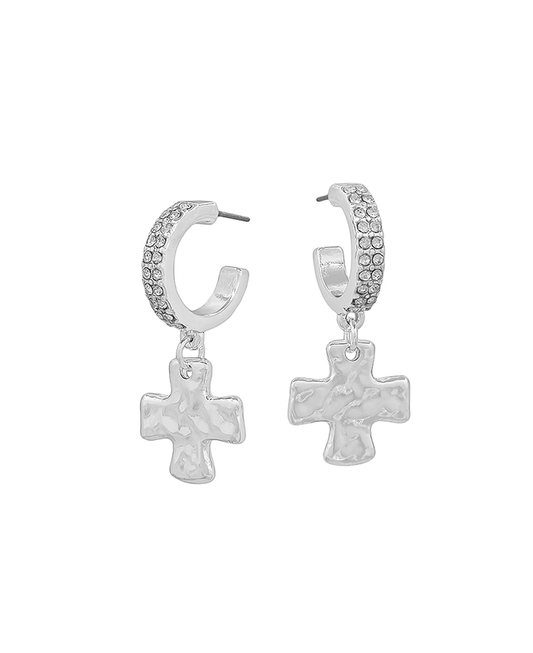 Pave Hoop Cross Metal Drop Post Earring - 1.2"
