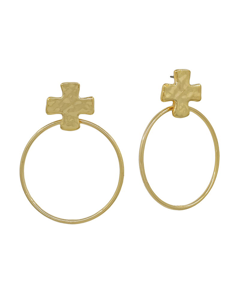 Cross Metal Round Drop Post Earring - 1.7"