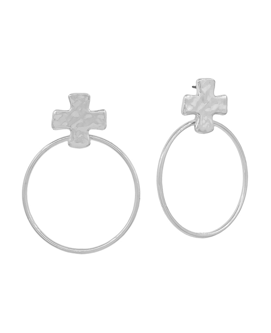 Cross Metal Round Drop Post Earring - 1.7"