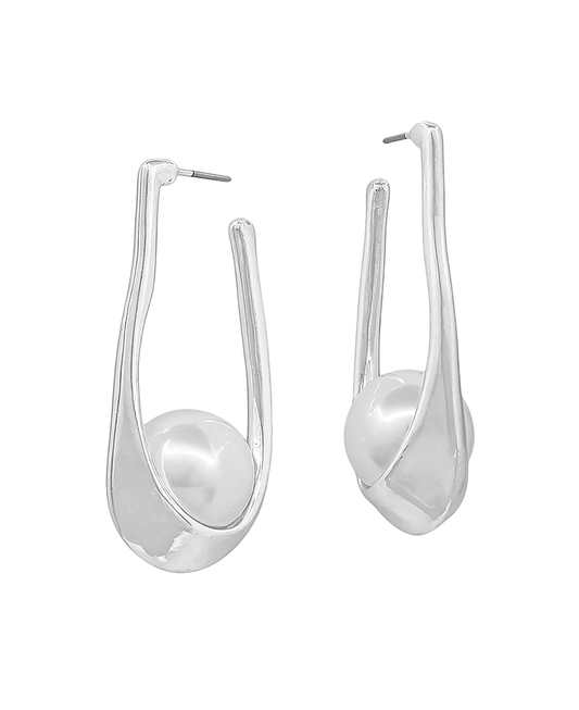 Wave Metal Large Pearl Accent Hoop Earring - 2.0"