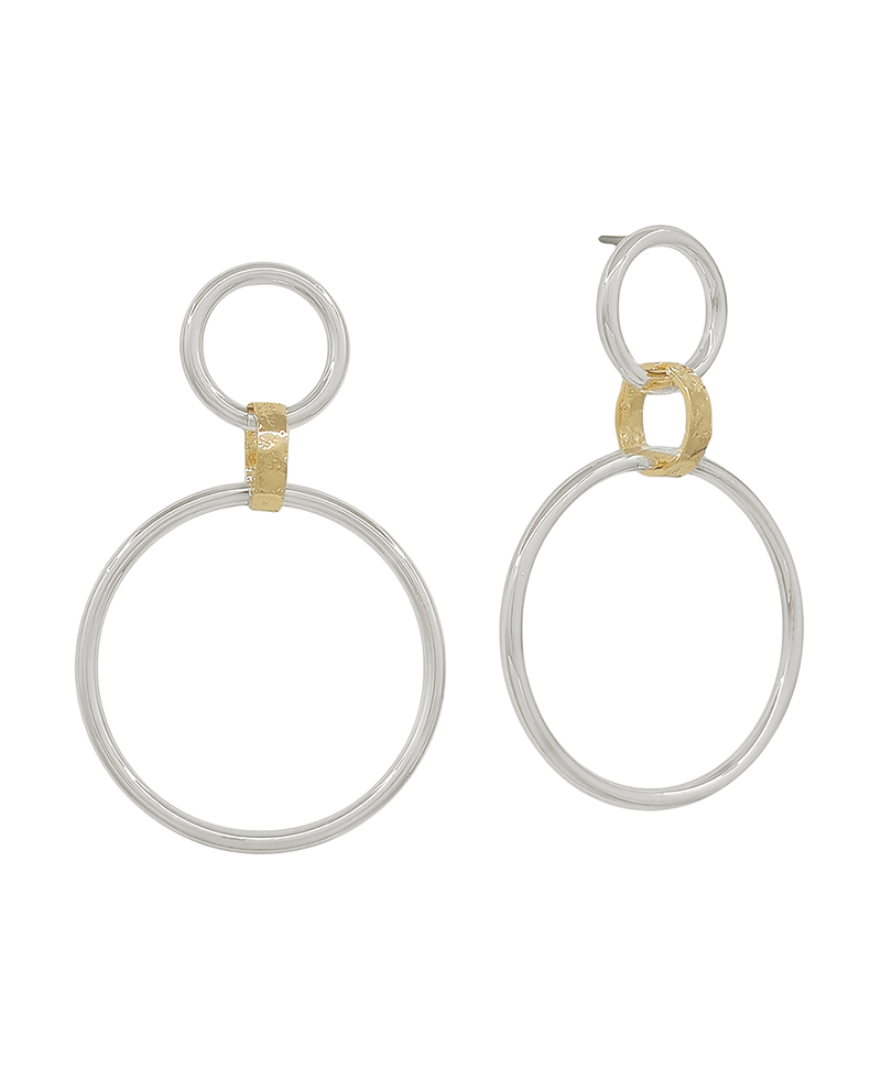 Linked Metal Ring Tow Tone Post Earring - 2.0"