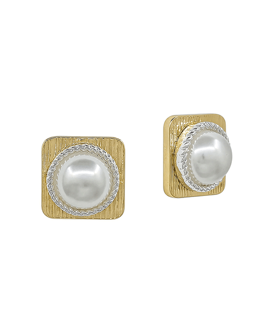 Square Metal w/ Pearl Accent Stud Earring