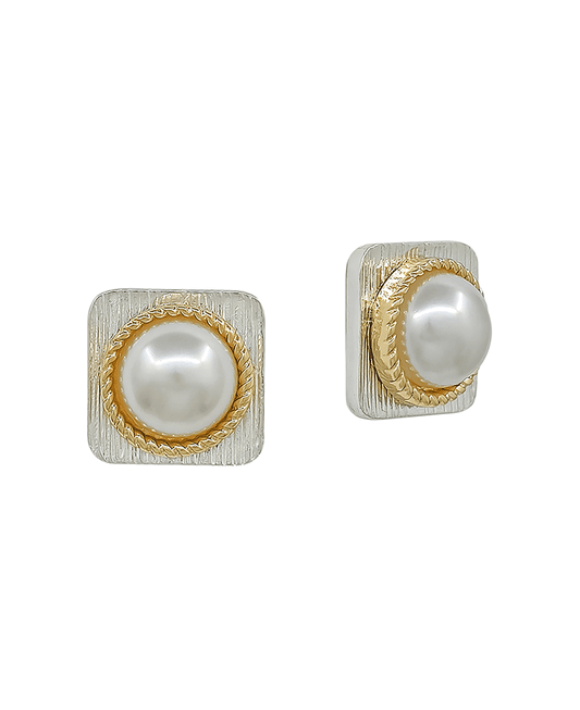 Square Metal w/ Pearl Accent Stud Earring