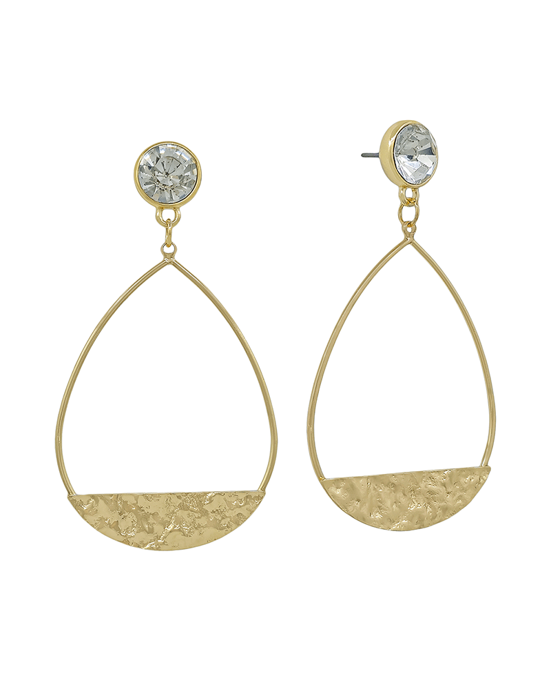 Open Teardrop Hammered w/ Glass Post Earring - 2.0"