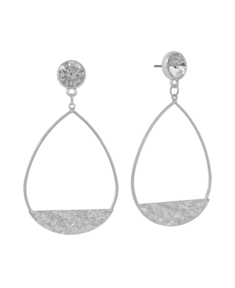 Open Teardrop Hammered w/ Glass Post Earring - 2.0"